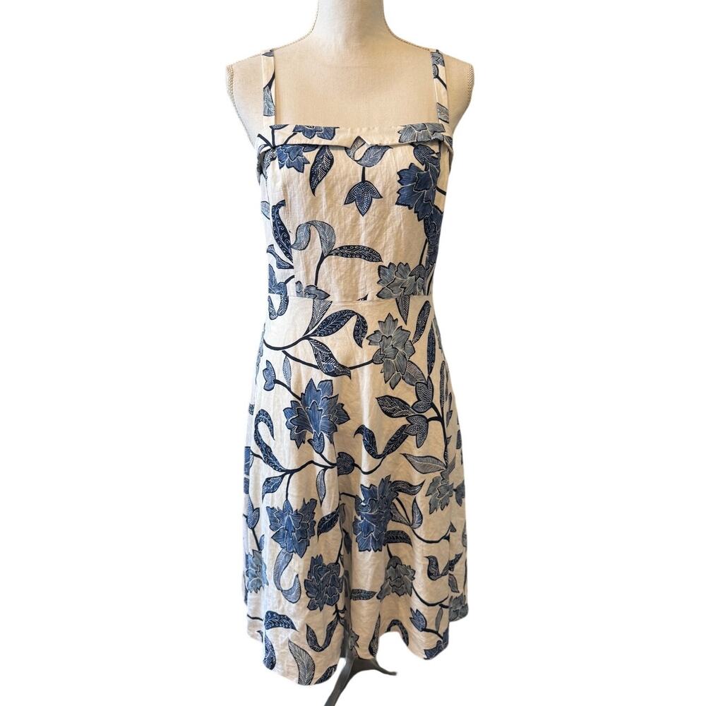 Vintage Linen Blend Fit & Flare Midi Dress White Blue Floral Print